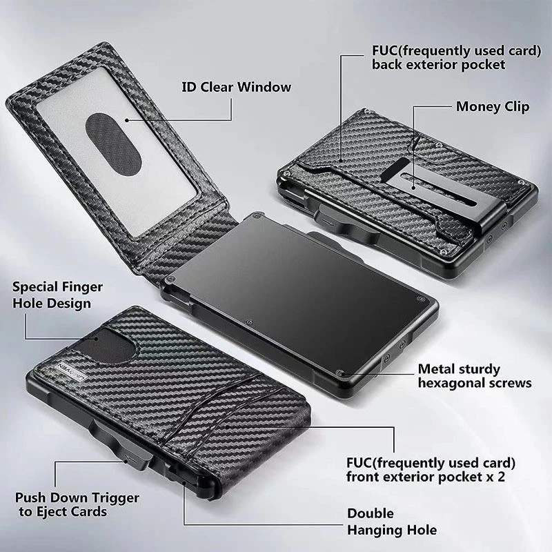 Men's Slim PopUp Bifold Carbon Fiber Wallet, RFID Blocking, Money Clip, Men Gift - Image 2 of 4