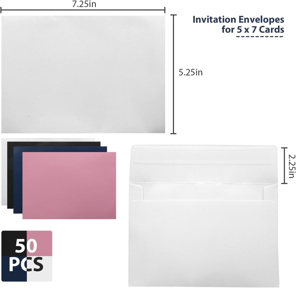 50 Pack White A7 & 5x7 Self-Sealing Envelopes for Invitations, Photos ...