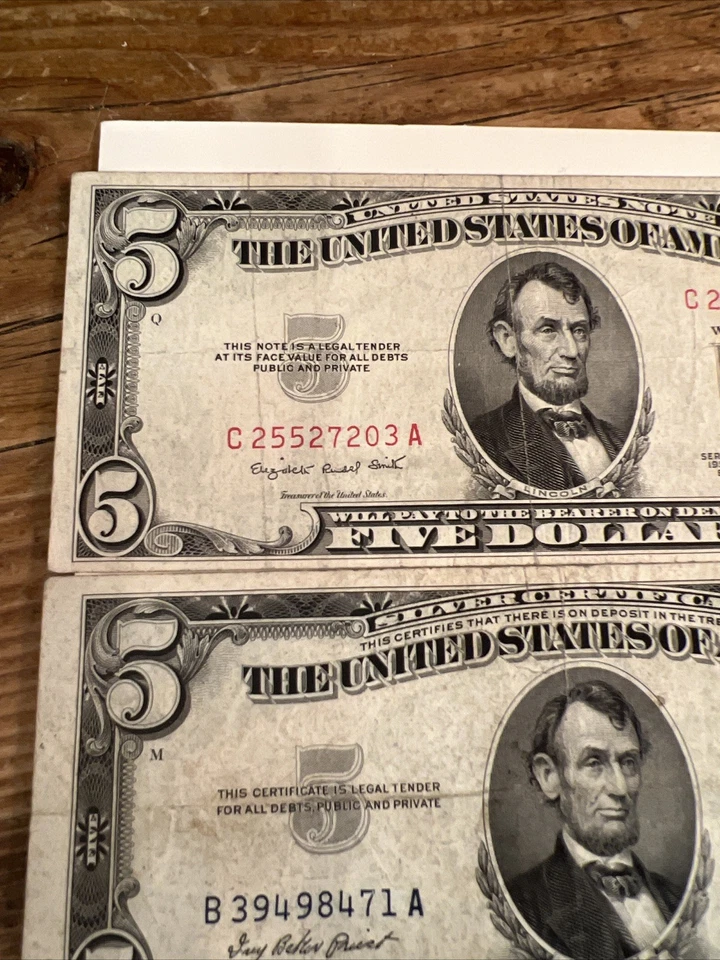 3 - US 5 Dollar Bills With Red, Blue And Green Seals- 2 From 1953, 1 From 1950 - Image 2 of 4