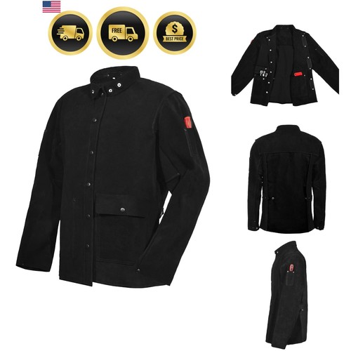 Black Leather Welding Jacket, Heavy Duty FR Split Cowhide Leather Work Safety...