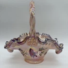 Fenton Art Glass "Morning Glory and Hummingbird" basket with ribbon candy edge.