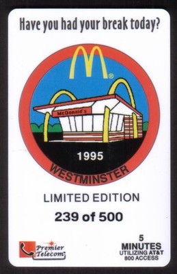 5m McDonald's Restaurant 1995 Westminster Telefonkarte Premier Telecom
