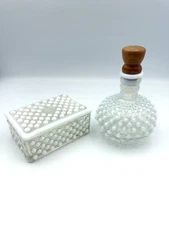 Vintage Fenton Opalescent Moonstone Hobnail Vanity Set