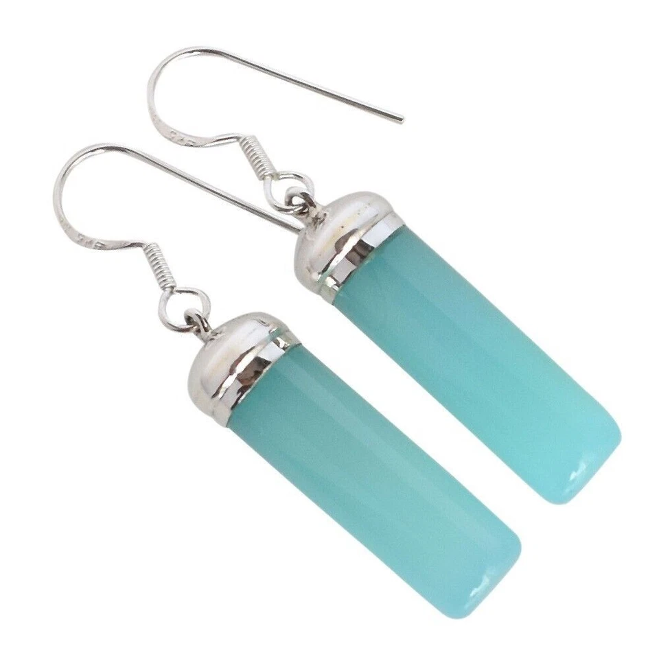 CYLEINDER Orecchini Pendenti Argento Sterling 925 Calcedonio Blu Gemma Gioielli - Immagine 2 di 4