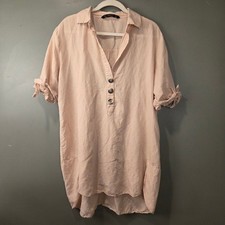 Zara Women's Linen & Cotton Short Sleeve Tunic Mini Shirt Dress Size L