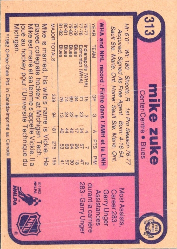 1982 O-Pee-Chee Mike Zuke #313 St. Louis Blues Hockey Card - Image 2 of 2