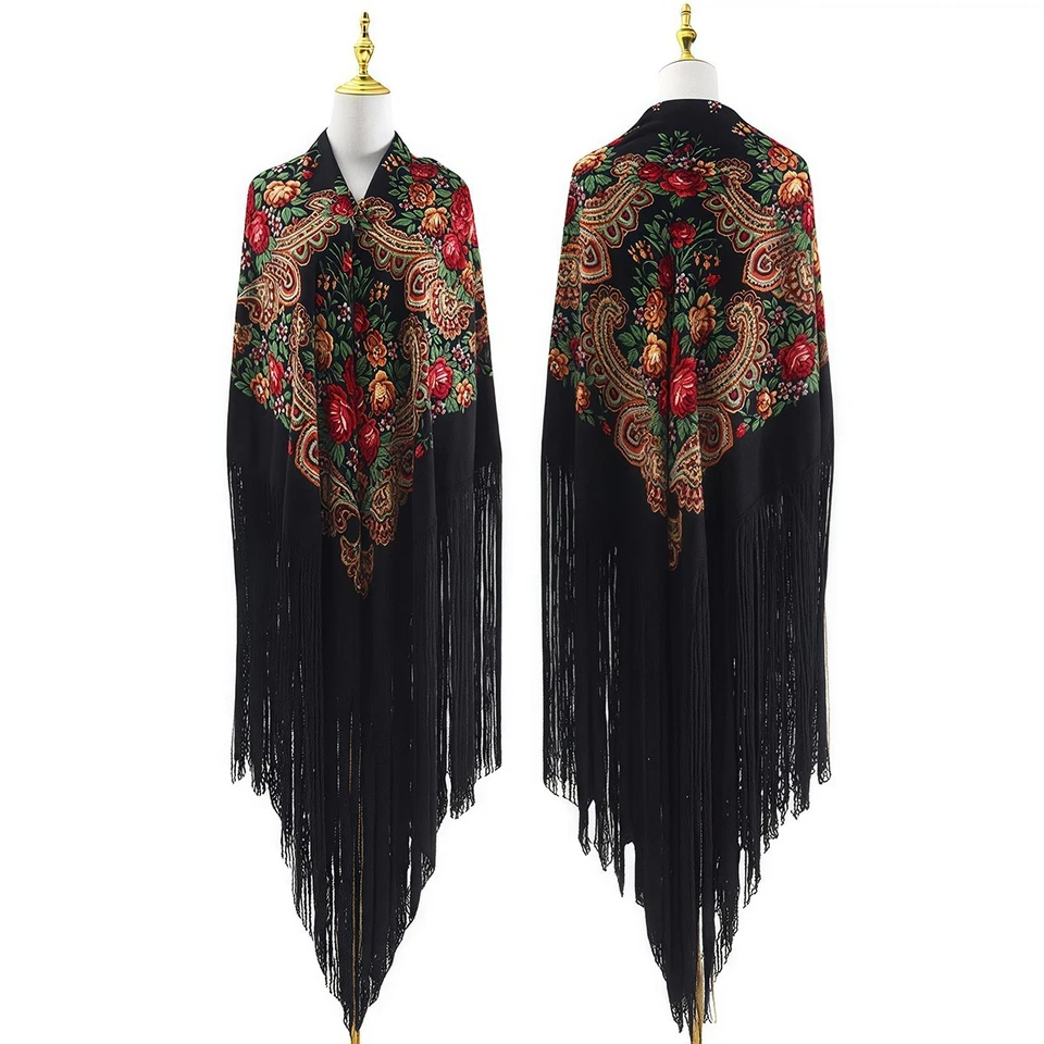 Chal estampado mujer talla extra grande - bufanda ancha borla larga blanco y negro Foto 2 de 4