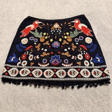 Altard State Embroidered Mini Skirt Black with Pom Trim Small Boho Folk Festival