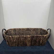 Long Wicker Basket Container Brown Seagrass Leather Handles Metal Frame 19.5