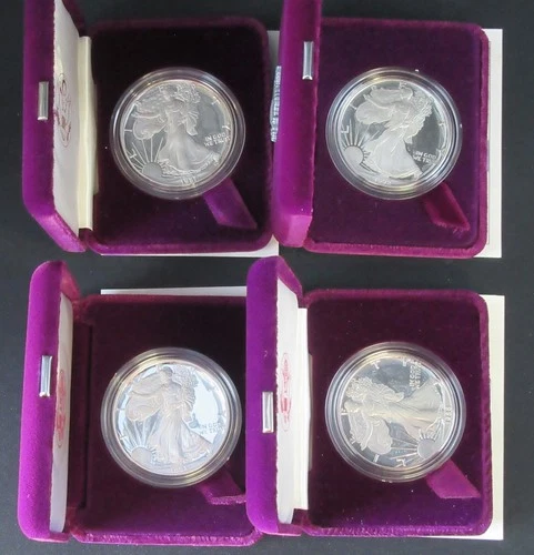 4 AMERICAN EAGLE SILVER DOLLARS PROOF COINS 1987 1988 1992 1993 1 OUNCE OZ NR!