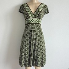 Maggy London 4P Dress Green Brown Geometric Surplice V-Neck Whimsigoth Retro Mod