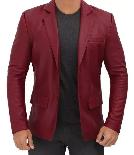 Men's Lambskin Leather Coat Jacket Red Two Button Blazer Formal Outerwear Suit