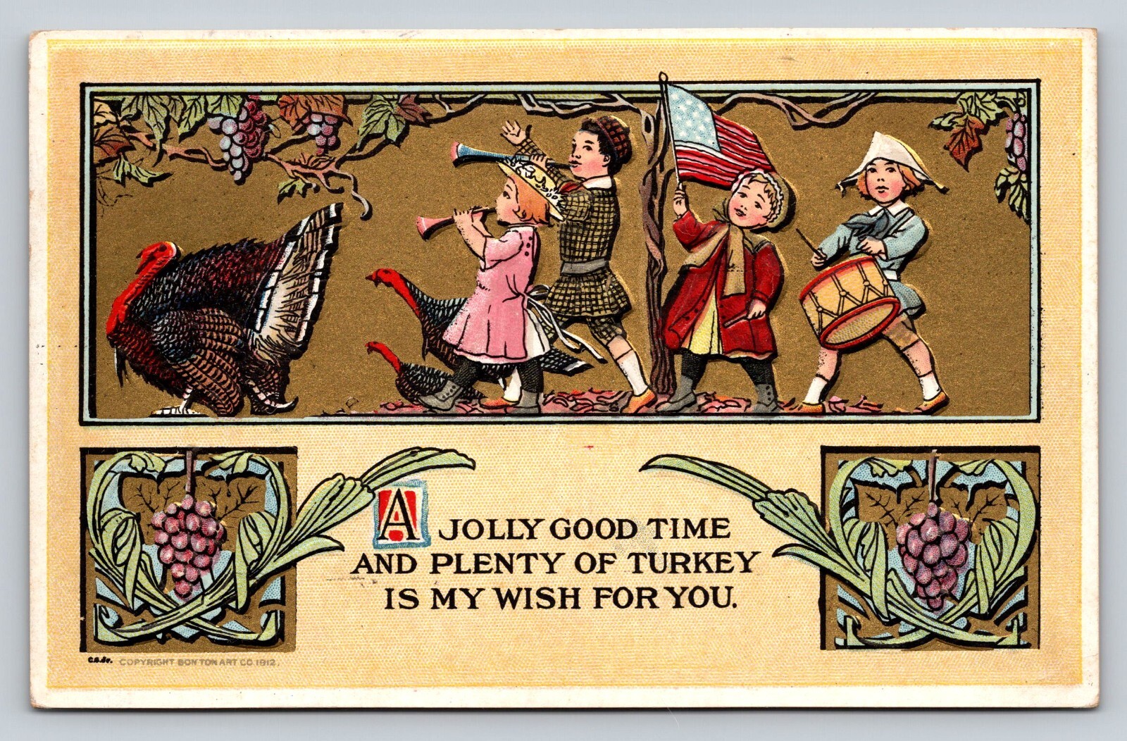 1912 Embossed Art Nouveau Gilt Bonton Art Co Thanksgiving Children Parade Turkey