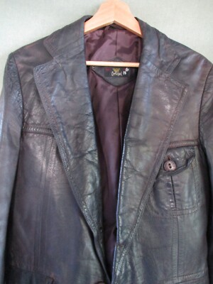 Cortefiel vintage 70s slim brown leather belted Norfolk blazer coat jacket 40
