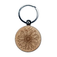 Fancy Blooming Sunflower Flower Engraved Wood Round Keychain Tag Charm