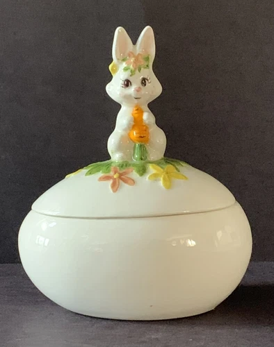 Vintage Easter Bunny with Carrot Susan Yellow Daisies On Ceramic Trinket Egg