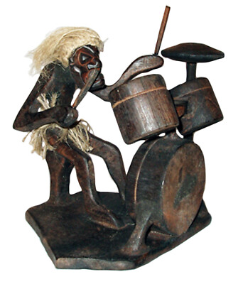 Holzfigur ein haariger Drummer + DRUM KIT, HEAVY METAL ROCK BAND handgeschnitzt, neu