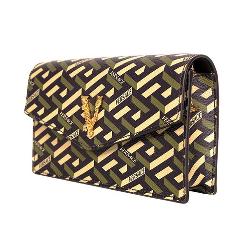 NEW $1075 VERSACE Coated Canvas Green LA GRECA VIRTUS V Small Crossbody BAG NWT - Picture 3 of 18