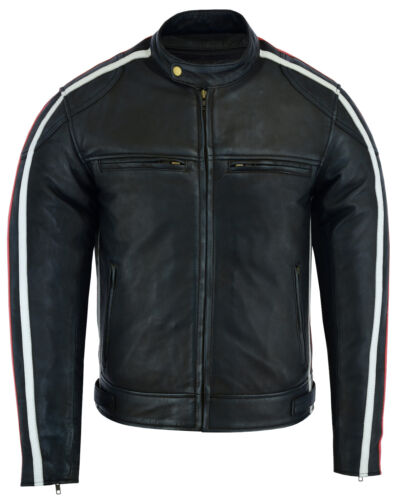 Chaqueta clásica para hombre británica de cuero de cera negra motocicleta ciclista roja blanca a rayas - Imagen 4 de 6