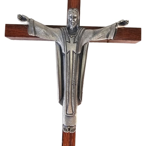 Risen Robed Christ CRUCIFIX 10" Pewter Teak Wood by Jeweled Cross Co USA Vintage