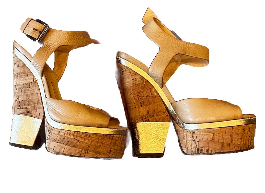 Giuseppe Zanotti Womens EU37/US6.5 Tan Leather Cork Wedge Open Toe
