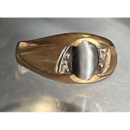 MENS YELLOW GOLD CAT'S EYE QUARTZ AND DIAMOND  RING SIZE 9.5 SKY - Picture 1 of 9