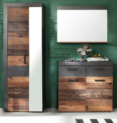 Garderobe Flur Garderoben-Set 3-tlg Used Wood Schrank Spiegel Kommode Diele Indy