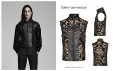 Punk Rave Men's Black And Gold Vintage Gothic Ornate Jacquard Party Waistcoat