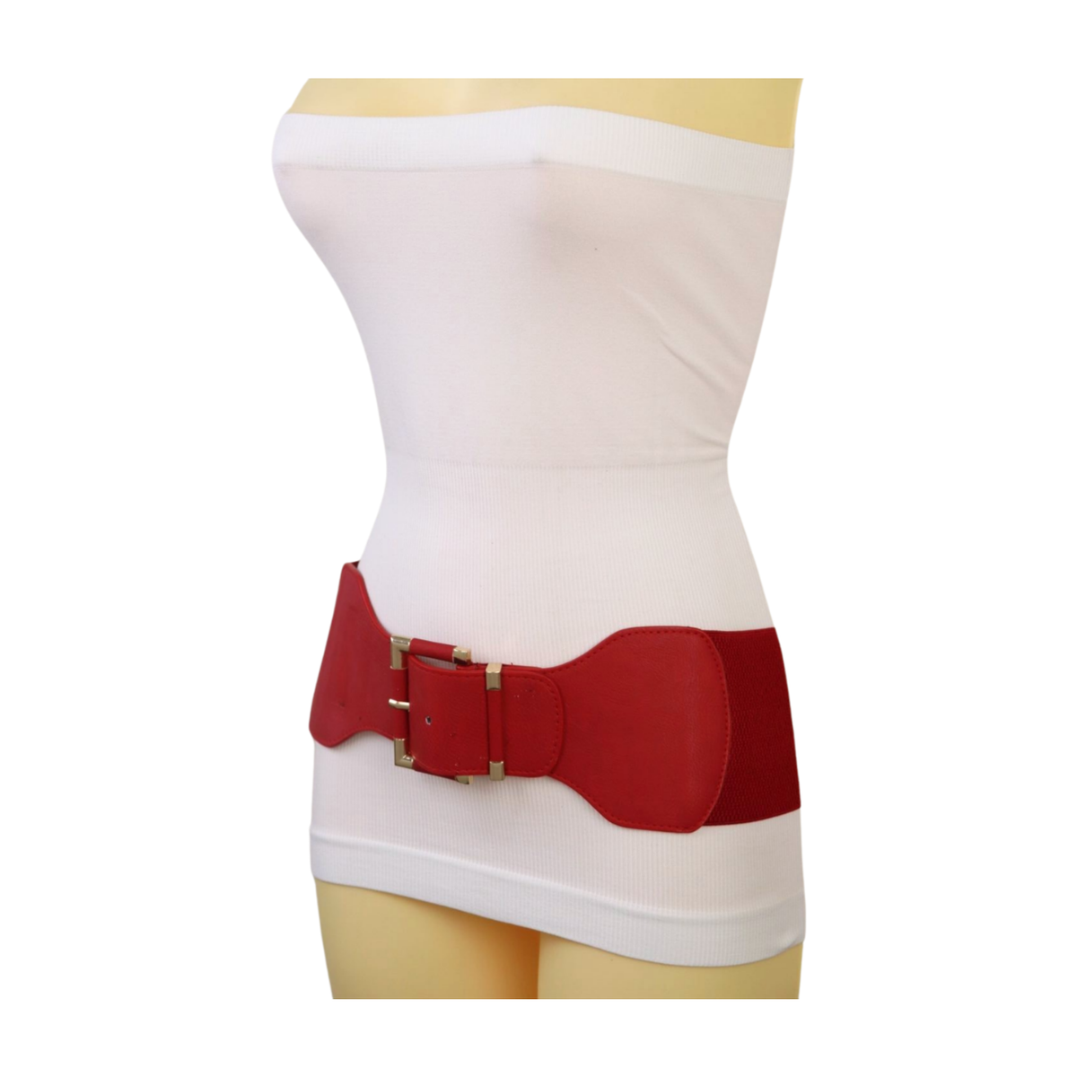 Women Red Elastic Wide Holidays Belt Hip High Waist Gold Square