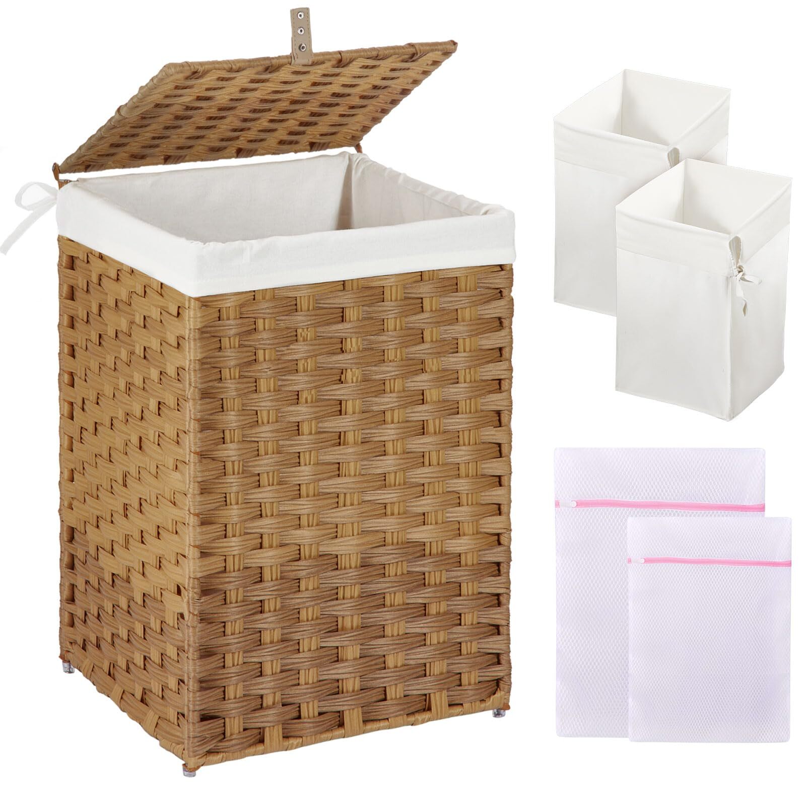 60L Laundry Hamper with Lid, 2 Removable Liner Bags & More for Organized Storage-image