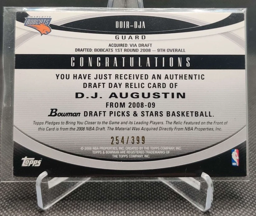 2008-09 BOWMAN DRAFT DAY ISSUE RELICS /399 #DDIR-DJA DJ AUGUSTIN Bobcats card - Image 2 of 2