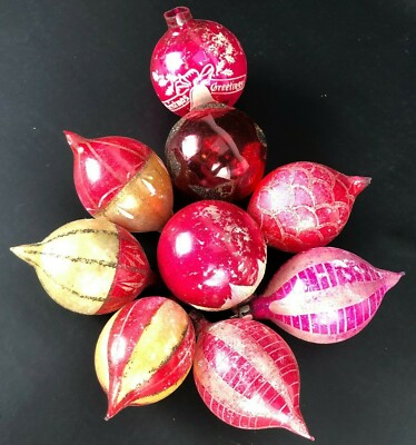 VINTAGE Lot Glass Christmas Ornament Flocked Red Pink Stenciled 1 Shiny Brite 