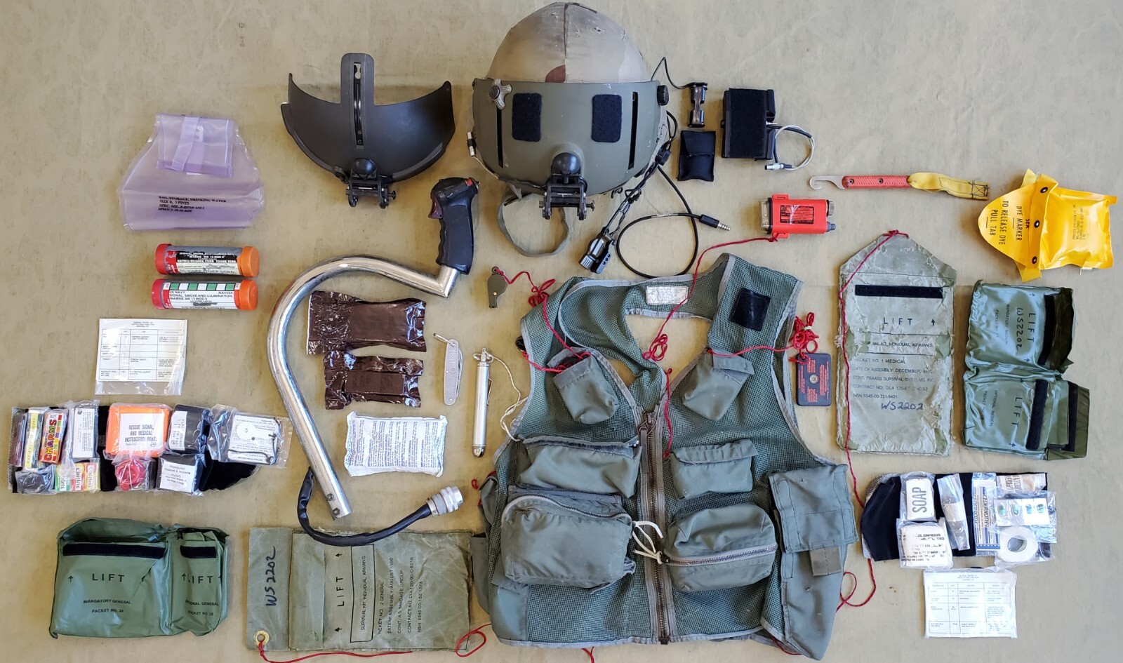 SPH4 Flight Helmet Lot, Survival Vest, Survival Kit, Pilot Control