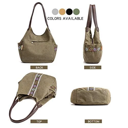 Worldlyda Women Canvas Purse Multi Pocket Tote Shopper Shoulder Bag Casual Top - Image 2 of 4