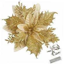 12 Pcs Glitter Poinsettia 5.5" Artificial Flowers Christmas with Clips Golden