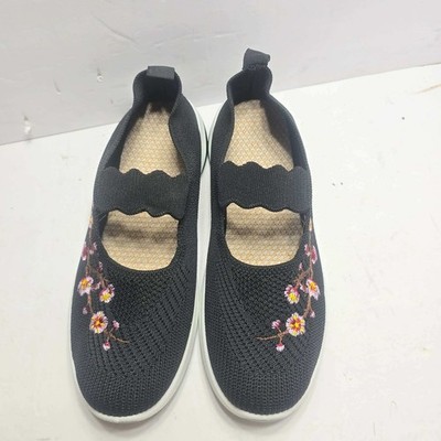 Womens Floral Embroidered Mary Jane Knit Sneakers Black EU 43 Walking Shoes