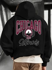 Men's Chicago Illinois Graphic Print Hooded Sweatshirt - Beige with Red Letterin