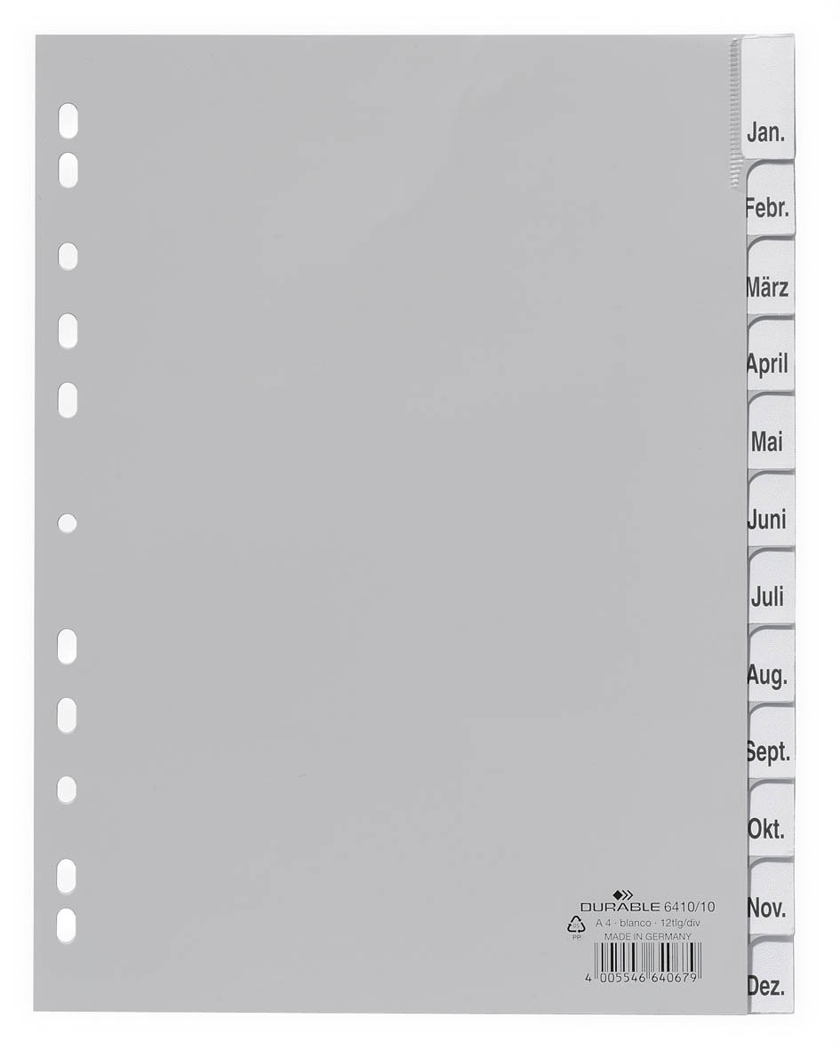Durable 641010 File Dividers made of PP Blank Tabs for A4 12 Sheets Grey Jan-Dec
