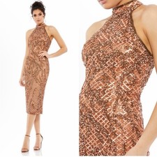 Mac Duggal 5535 Lattice Sequin Halter Midi Dress - Copper - 0 - New with tags