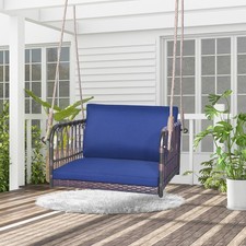 Patio Rattan Porch Swing Single Person Hanging Seat w/Seat  Back Cushions