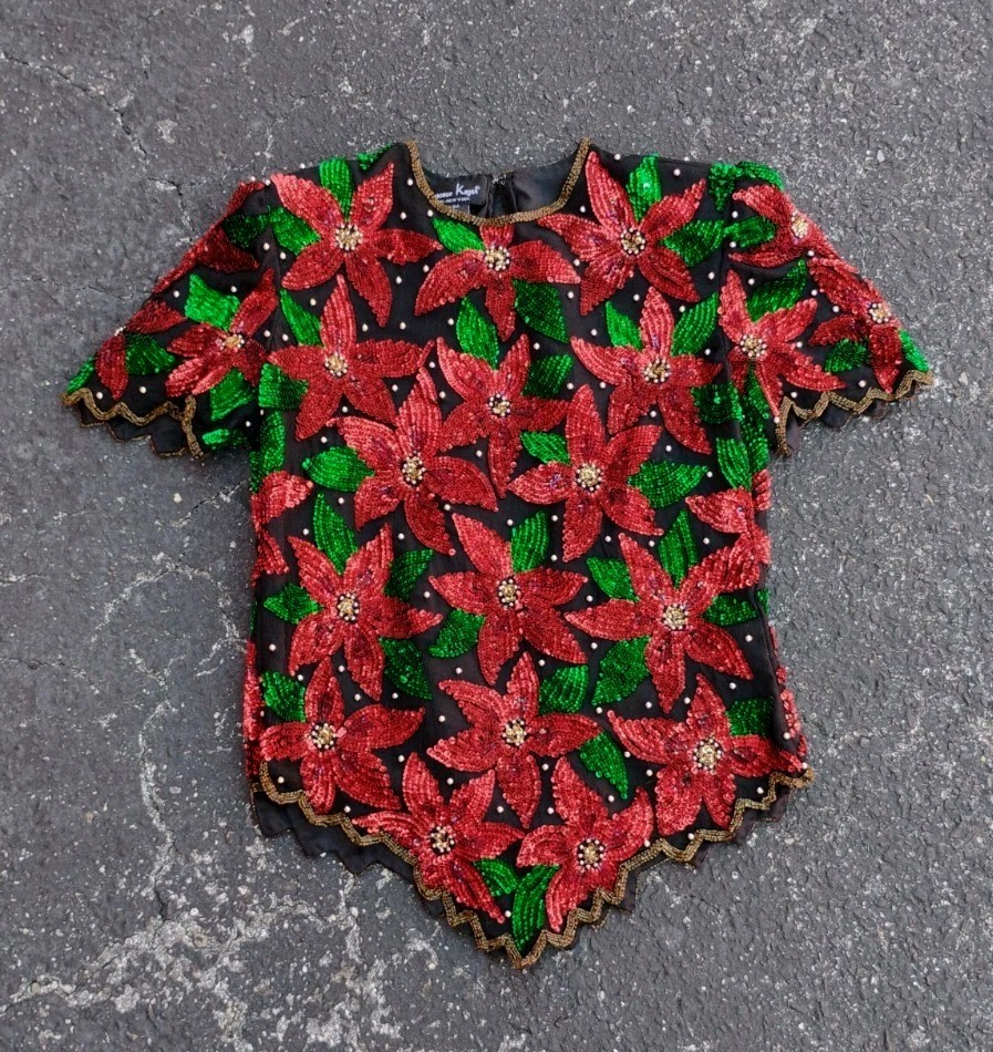 Holiday Beaded Poinsettia Christmas Blouse Laurece Kazar Size S *Missing Zipper