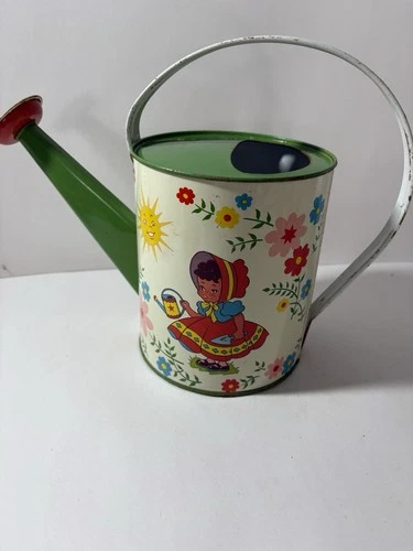Vintage Tin Ohio Art Multicolored Watering Can with Handle 1950s Dutch Boy Girl