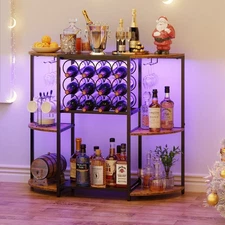 JKsmart Wine Bar Cabinet with LED Lights, Mini Wine Rack with Storage and Gla...