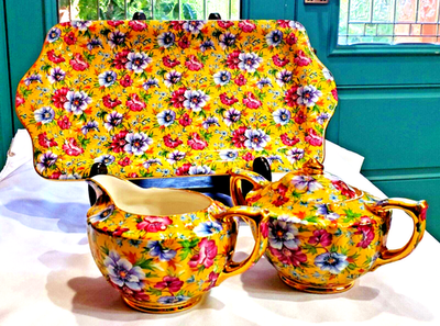 TEA SET James Sadler England Sophie Chintz Cream/Sugar/ Tray