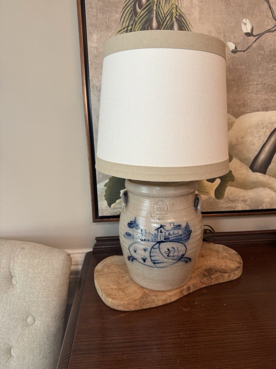Rowe Pottery Salt Glazed Stoneware Table Lamp 1987 Crock Blue Hand