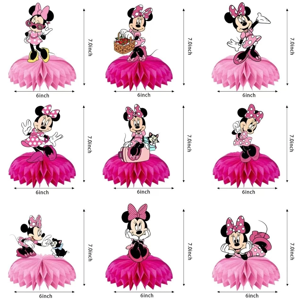 Suministros de fiesta de cumpleaños Minnie, 9 piezas centros de mesa de panal, decoración de ratón Foto 2 de 4