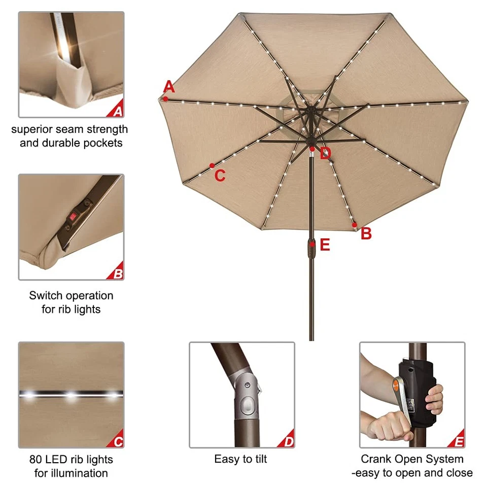 EE. UU. 10 años sin desvanecimiento solar 9 pies paraguas de mercado con 80 luces LED para patio... Foto 3 de 4
