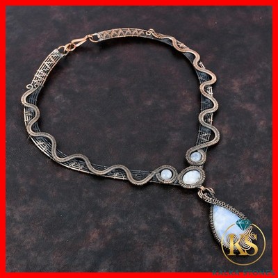 Copper Rainbow Moonstone Gemstone Artisan Birthday Chain Wire Wrapped Necklace