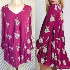 Free People Embroidered Austin Mini Dress Long Sleeve Floral Purple Size XS