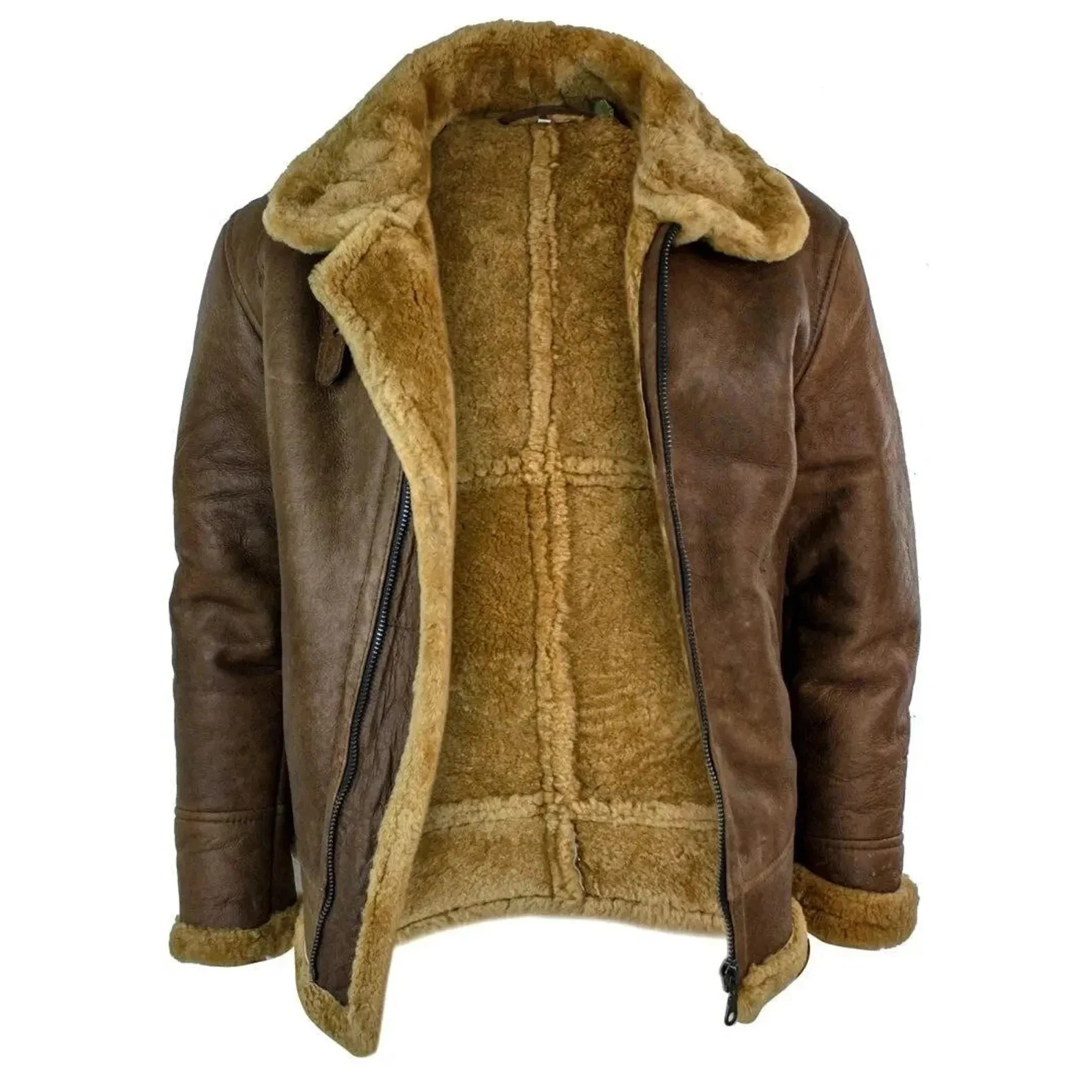 Men’s RAF Brown Genuine Sheepskin Leather Bomber Aviator Jacket Pilot Fly Coat
